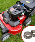 Angled view of red lawn mower with black engine; inset shows two chrome steel double-shielded ball bearings (R8ZZ)