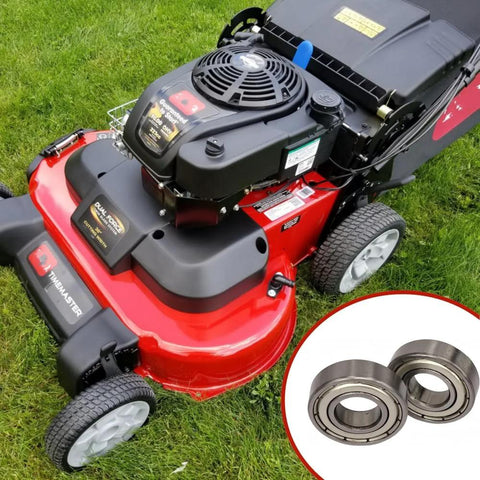 Angled view of red lawn mower with black engine; inset shows two chrome steel double-shielded ball bearings (R8ZZ)