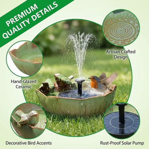 Solar Powered Ceramic Bird Bath Fountain With Large Capacity Bowl For Outdoors Easy Breezy Hummingbird Attracting Water Feature
