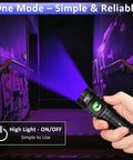 Person using 395 Nm UV Scuba Dive Light With Power Indicator Waterproof Black Light Flashlight indoors for fluorescence detection.