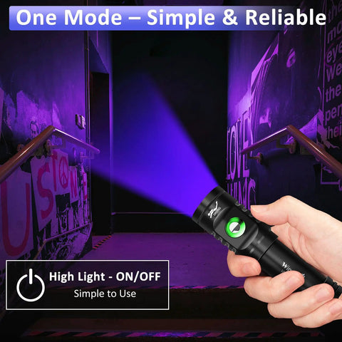 Person using 395 Nm UV Scuba Dive Light With Power Indicator Waterproof Black Light Flashlight indoors for fluorescence detection.