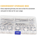 Storage box with rivet countersunk hex socket bolts and hex head barrel nuts for furniture repair and DIY builds.