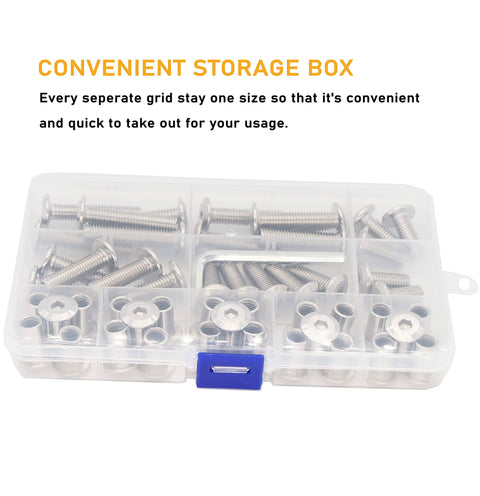 Storage box with rivet countersunk hex socket bolts and hex head barrel nuts for furniture repair and DIY builds.