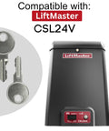 No Fuss K80-50295 Access Door Replacement Key For Commercial And Residential Gate Openers Packs Q118 Direct Match and Robby Cloud Keychain Linkage next to LiftMaster CSL24V unit.