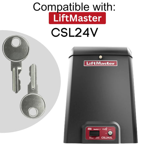 No Fuss K80-50295 Access Door Replacement Key For Commercial And Residential Gate Openers Packs Q118 Direct Match and Robby Cloud Keychain Linkage next to LiftMaster CSL24V unit.