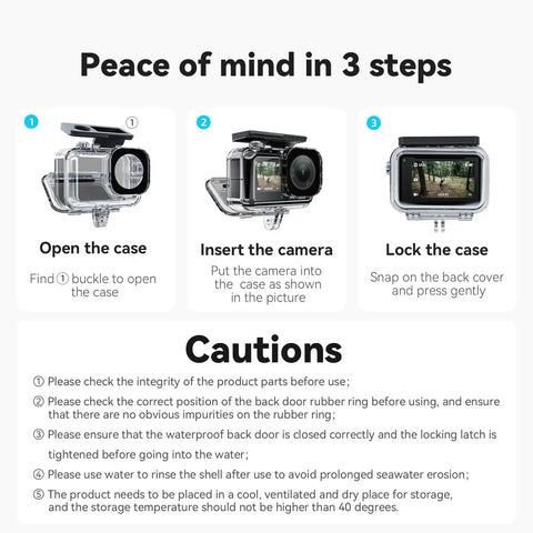 Instructions for using Waterproof Case For DJI Action 5 Pro And Action 4 And 3 Series, step-by-step setup guide.