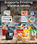 Bluetooth Portable Label Printer For Small Biz Fast Thermal Label Maker For Barcodes Addresses Clothing Pricing Mail Jewelry Cables And More Works With Phone And PC, shown with various printed labels.