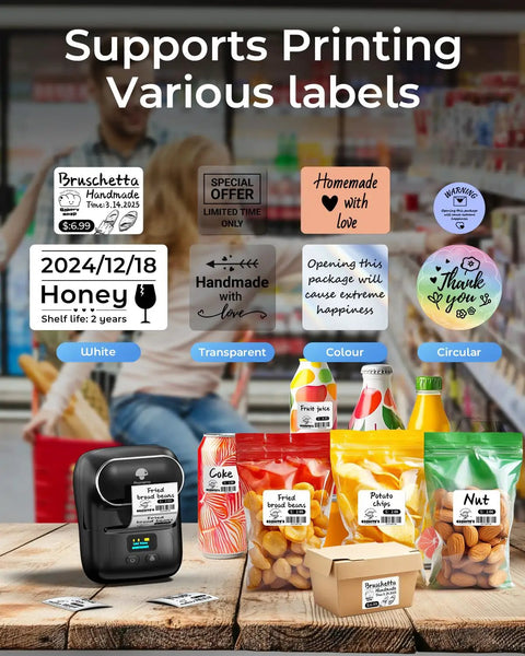 Bluetooth Portable Label Printer For Small Biz Fast Thermal Label Maker For Barcodes Addresses Clothing Pricing Mail Jewelry Cables And More Works With Phone And PC, shown with various printed labels.