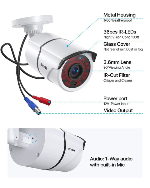 4 Pack 1080P HD TVI Security Cameras With 120Ft Night Vision Waterproof CCTV Bullet Cameras For Home Security Compatible With 720P 1080P 5MP 4K HD TVI DVR Systems showing metal housing, IR-LEDs, and lens.