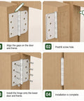 4-step installation of 4x4 Inch Door Hinges With Ball Bearing, Built To Last, Stainless Steel, Brushed Nickel Finish.