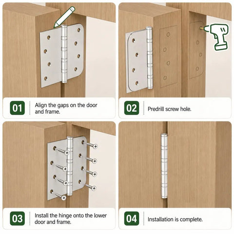 4-step installation of 4x4 Inch Door Hinges With Ball Bearing, Built To Last, Stainless Steel, Brushed Nickel Finish.