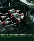 Close-up of automated manufacturing machine assembling electric motors with precision components and copper coils in a factory setting.