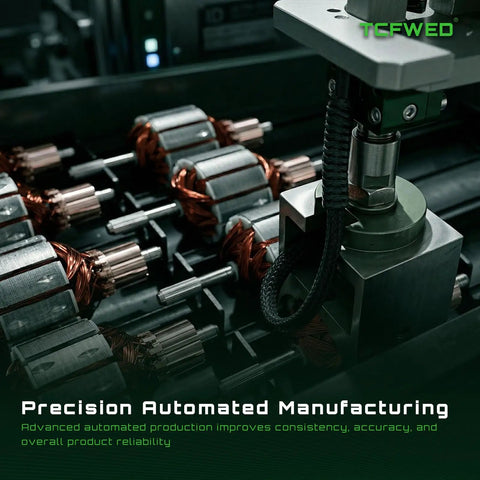 Close-up of automated manufacturing machine assembling electric motors with precision components and copper coils in a factory setting.