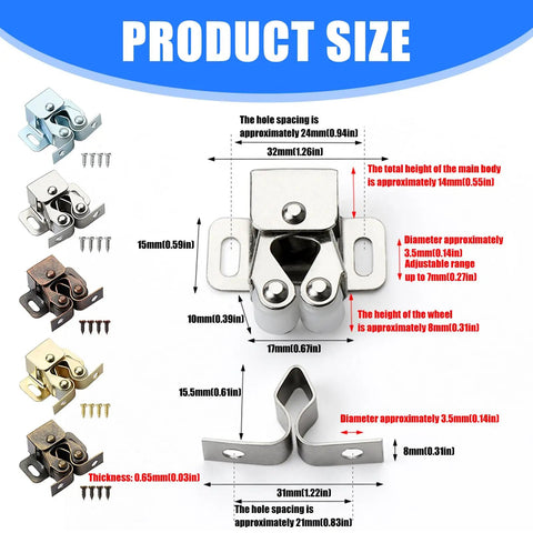 Heavy Duty Double Roller Cabinet Door Catches For Wardrobe And Cupboard Smooth Glide Metal Hardware detailed size chart showing measurements.