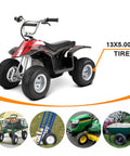 13x5.00-6 Inner Tube With Bent Valve Stem for Razor Dirt Quads shown beside ATVs, lawn mowers, and garden carts.