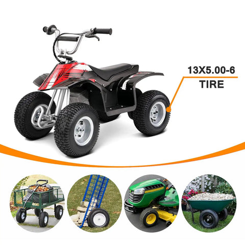 13x5.00-6 Inner Tube With Bent Valve Stem for Razor Dirt Quads shown beside ATVs, lawn mowers, and garden carts.
