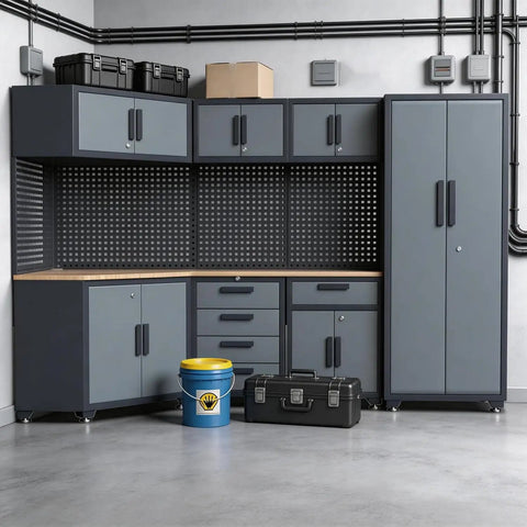 16 Piece Garage Storage Cabinet System With Corner Cabinets, Workbenches, And Pegboard, Heavy Duty Pro Grade Metal Workshop Organizer