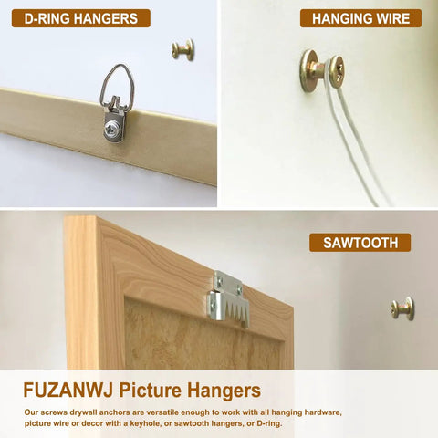 Heavy Duty Picture Hangers And Double Headed Wall Hooks With Bulletproof Grip Rating Up To 30 Lbs For Drywall Or Wood Studs Zero Hassle Setup Hang Gallery Walls Without Sweat Includes 30 Pack showing D-ring hangers, hanging wire, and sawtooth hooks.