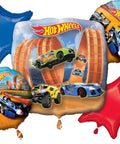 Racing Theme Balloon Bouquet Pack Of 5 Foil Balloons In Bright Multi Color, with car designs, uninflated for helium or air use.