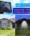 Outdoor Solar Motion Lights With 56 LED, IP65 Waterproof, 120 Degree Lighting Angle, showing solar panel and illuminated house