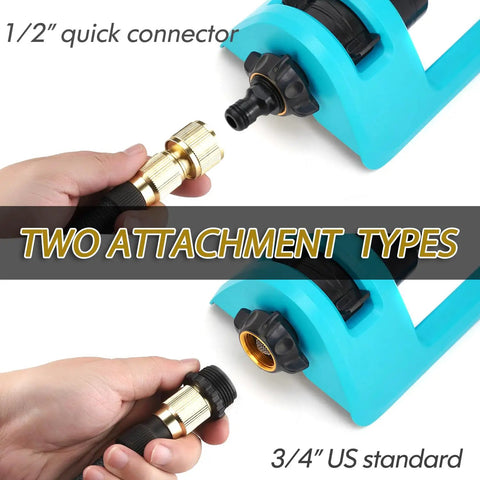 Close-up of two attachment types on 18 Brass Nozzles Oscillating Lawn Sprinkler With Heavy Duty Base Covers Up To 3600 Sq Ft