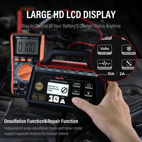 Beefy 10A Car Battery Charger With 6V 12V Power, Auto Repair, Desulfator, Maintainer, Winter Mode, Built For AGM LiFePO4 And Other Deep Cycle Batteries, Boat Ready, Three Settings 2A 10A Auto For Fast Charge