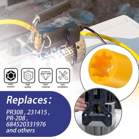 XTPTFABS PR308 vacuum pump coupler sleeve, yellow plastic, front view.