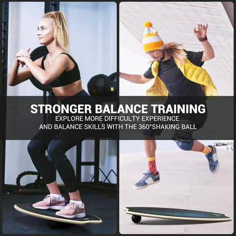 Two people using Balance Board 7 Modes Wobble Board With Adjustable Stoppers Stability Trainer For Balance Surf Training And Physical Therapy Includes Roller And 2.8 Inch Ball indoors and outdoors.