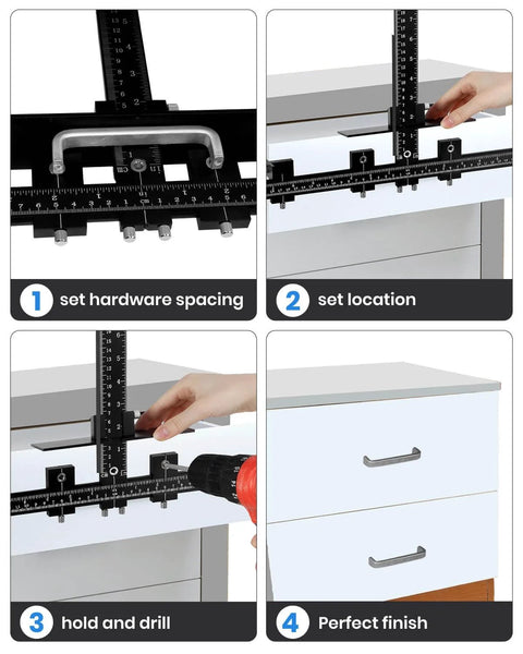 Aluminum Alloy Cabinet Hardware Jig Tool Set With Automatic Center Punch 14 Piece Adjustable Drill Guide used for installing drawer knobs and door pulls.