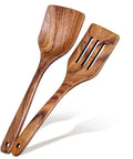 Two Pack Acacia Wood Spatulas Set With Solid And Slotted Turners, eco-friendly kitchen utensils for cooking and baking.