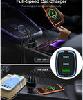 Hella Fast 75W USB C Car Charger With Three Ports delivering PD 3.0 and QC 3.0 power with devices charging in car.