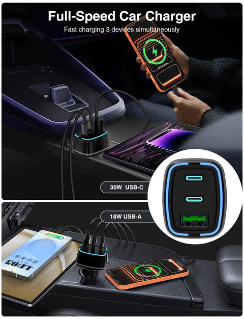 Hella Fast 75W USB C Car Charger With Three Ports delivering PD 3.0 and QC 3.0 power with devices charging in car.