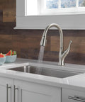 Modern Single Handle Kitchen Sink Faucet With Smooth As Silk Pull Down Sprayer In Grime Resistant Brushed Nickel above a clean stainless steel sink.