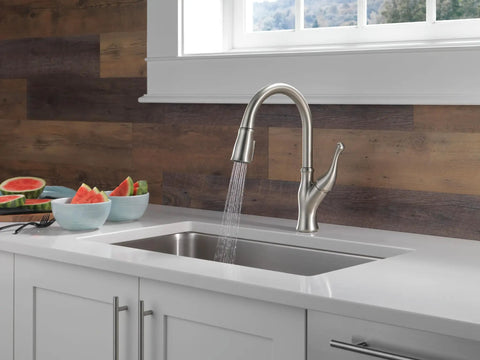 Modern Single Handle Kitchen Sink Faucet With Smooth As Silk Pull Down Sprayer In Grime Resistant Brushed Nickel above a clean stainless steel sink.