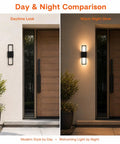 Modern Outdoor Wall Sconce 2 Pack, Up Down LED Light, 3000K, Hardwired shown in daytime and nighttime settings.