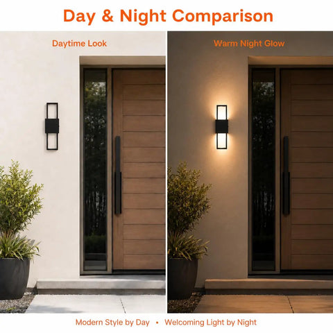 Modern Outdoor Wall Sconce 2 Pack, Up Down LED Light, 3000K, Hardwired shown in daytime and nighttime settings.