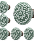 Solid Green Ceramic Cabinet Knobs In A Ten Piece Bundle, 34mm Drawer Pulls with floral design for kitchen and dresser use.