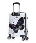 Carry-on luggage with butterfly-print white hardside exterior, spinner wheels, and retractable handle (front view)