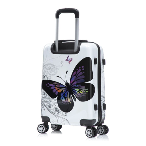 Carry-on luggage with butterfly-print white hardside exterior, spinner wheels, and retractable handle (front view)