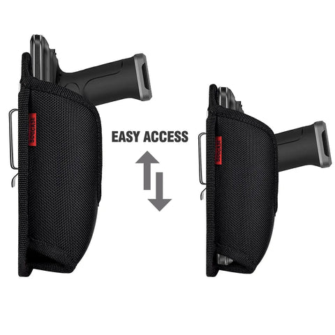 U Shaped Scanner Holster For Zebra Handheld Scanners With Rugged Metal Belt Clip; side view showing easy access design.