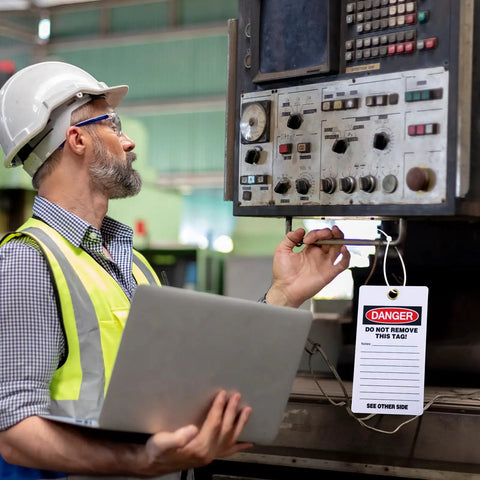 Worker using No Sweat Bulk 50 Pack Danger Out Of Service Tags For Industrial Facilities With Double Sided Bold Print for machinery.