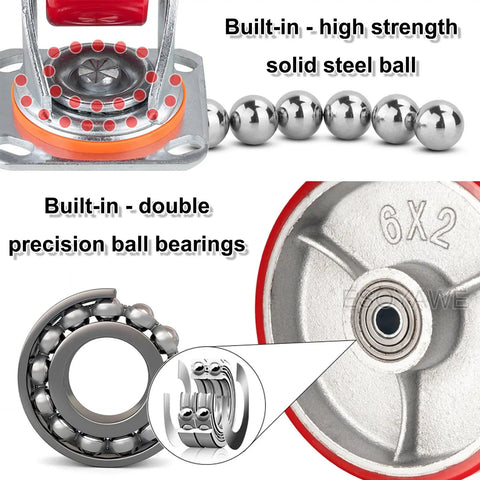 Heavy Duty Eight Inch Polyurethane Caster Wheels With Locking Brakes showcasing built-in precision ball bearings.