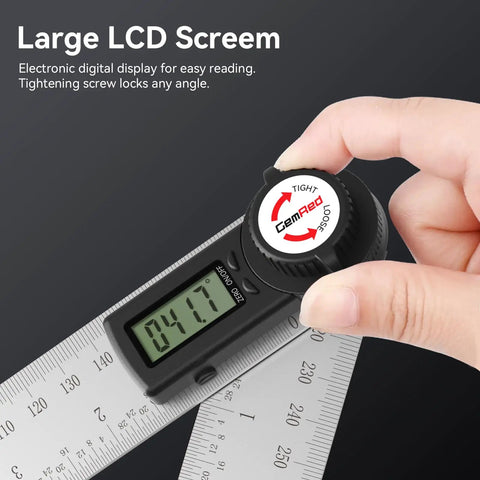 Digital Angle Finder Protractor In Stainless Steel, 7 Inch 200mm, LCD display, black button, measuring angle with laser etched ruler