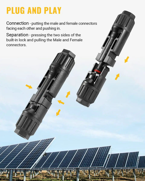 12 Pcs Solar Panel Connectors Set With Spanners For 10AWG Wire Waterproof Dustproof Solar Connector Pairs Male And Female Easy Grip Spanner Tools Durable Insulated Pins Plug And Play Ready For Off Grid Systems And DIY Panels showing connection instructions