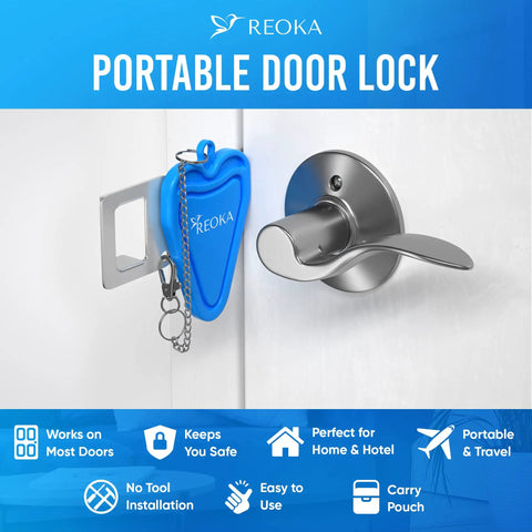 Portable Door Lock Security For Inside Use No Tool Install Ideal For Hotels Airbnbs Dorms And Travel Bedroom Privacy Lock Latch Stopper For Doors Blue Sturdy Metal Construction Keeps Room Safe And Private