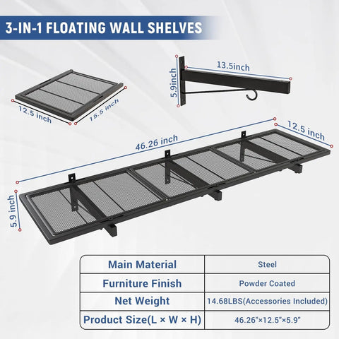 2 Pack Heavy Duty Garage Wall Shelves With 46 By Twelve Point Five Inch Floating Metal Shelves And Eight Hooks Wall Mounted