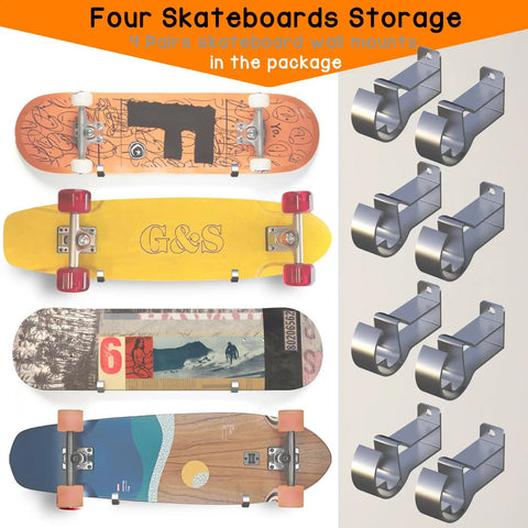 Four Pack Aluminum Wall Mount Skateboard Racks For Display And Storage Of Skateboard Decks And Longboards In Your Room Or Garage