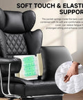 Big And Tall Leather Office Chair With Footrest High Back Ergonomic Gaming Chair Pocket Spring Lumbar Support And Outward Fixed Soft Armrests For Executive Comfort And All Day Back Support, showcasing its pocket spring lumbar feature and soft armrests in deep black color.