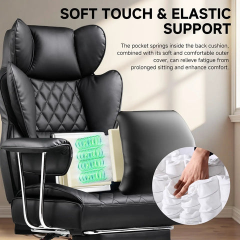 Big And Tall Leather Office Chair With Footrest High Back Ergonomic Gaming Chair Pocket Spring Lumbar Support And Outward Fixed Soft Armrests For Executive Comfort And All Day Back Support, showcasing its pocket spring lumbar feature and soft armrests in deep black color.