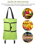 2 In 1 Foldable Shopping Cart With Wheels And Waterproof Tote, green portable grocery cart with images of fruits and vegetables